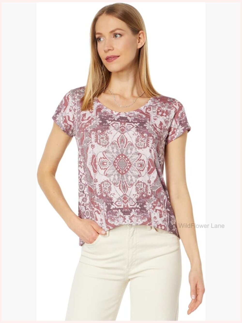Floral Printed Scoop Neck Tee - Classic Fit Cotton T-Shirt